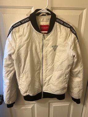 GUESS White Logo Track Bomber Jacket with Black Trim